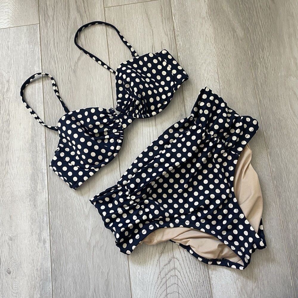 J.Crew Swim Bikini polka dot high rise womens Navy Blue (size 34b xsmall) beach